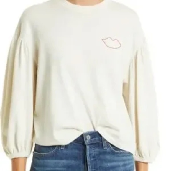 Clare V Puff Sleeve Shirt w/Embroidered Lips size XL - Picture 3 of 5